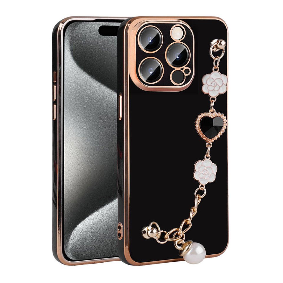 Apple iPhone 15 Pro Max Kılıf Çiçek Desenli Askılı Tutamaçlı Kamera Korumalı Kapak (TAKA) Siyah