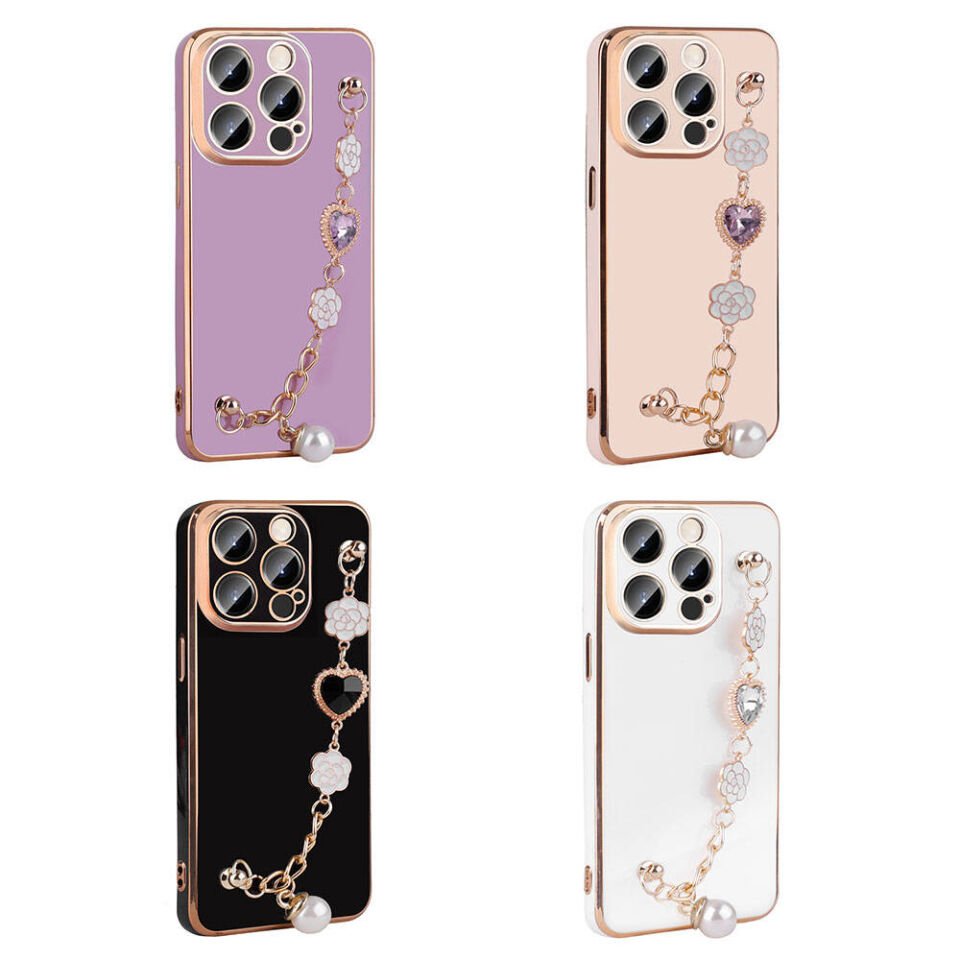 Apple iPhone 15 Pro Max Kılıf Çiçek Desenli Askılı Tutamaçlı Kamera Korumalı Kapak (TAKA) Siyah