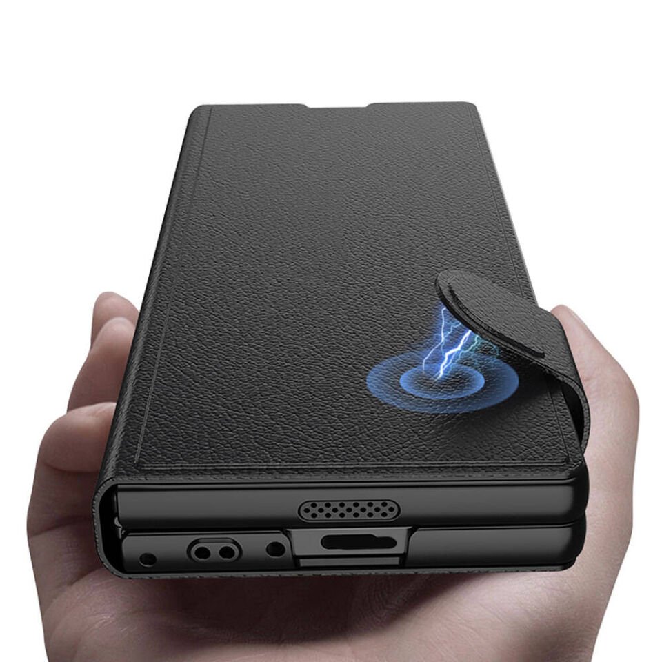 Samsung Galaxy Z Fold 6 Kılıf Suni Deri Tasarımlı Magnetik Tokalı ve Kartlıklı HEPTEKİLETİŞİM Kıpta Zegna Kapak