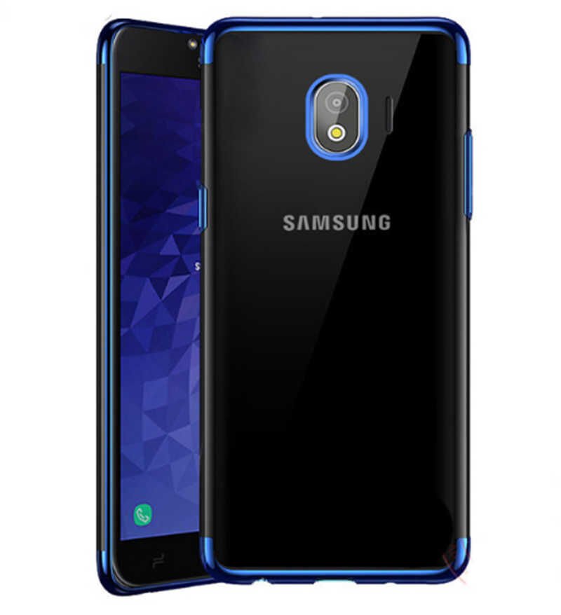 Samsung Galaxy J4 Kılıf Dört Köşe Renkli Lazer Şeffaf Silikon Kapak (GLİTTER) Mavi