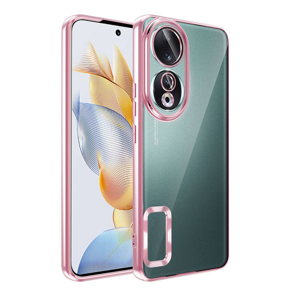 Huawei Honor 90 Kılıf Kamera Lens Korumalı Logo Gösteren Parlak Kenarlı Kapak (OMEGA) Rose Gold