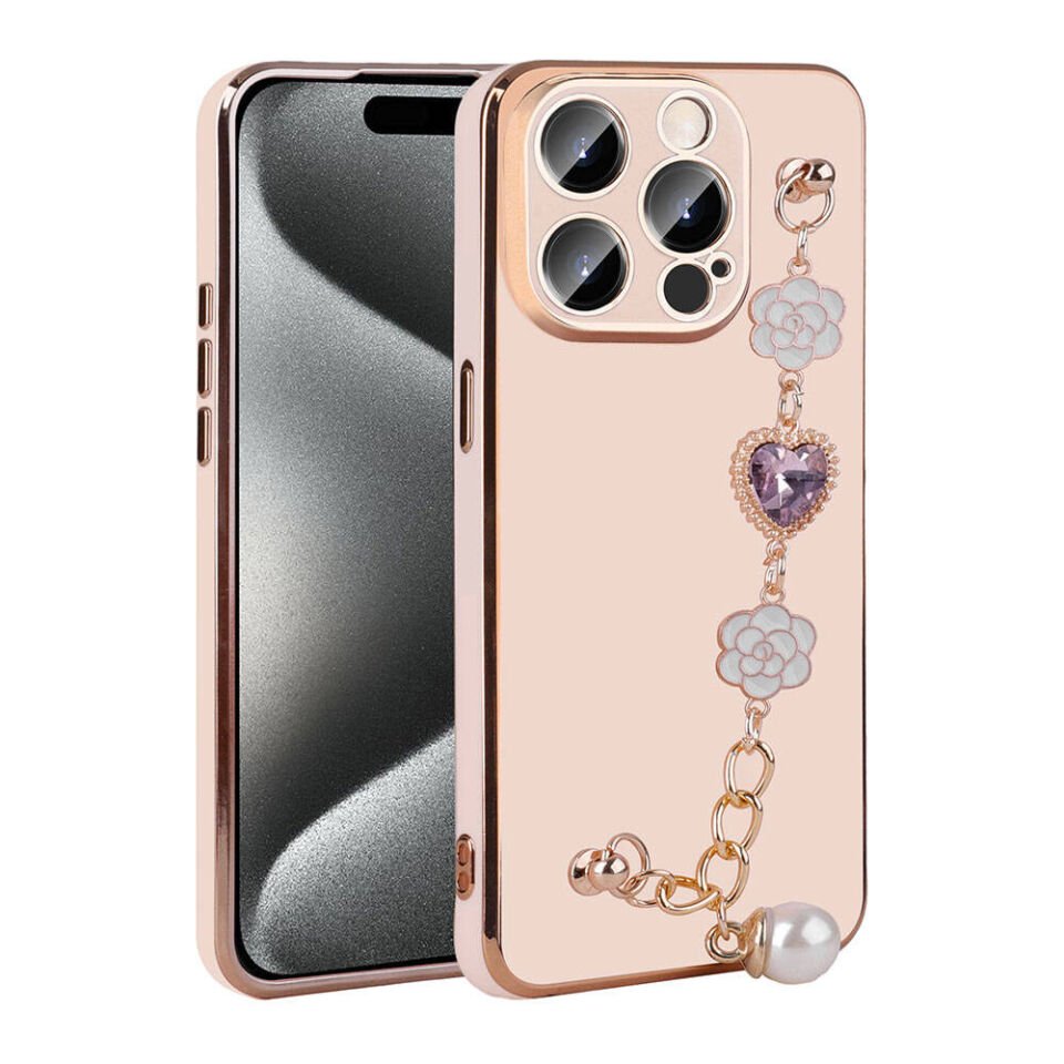 Apple iPhone 15 Pro Kılıf Çiçek Desenli Askılı Tutamaçlı Kamera Korumalı Kapak (TAKA) Pembe