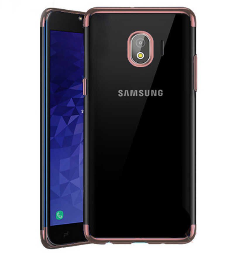 Samsung Galaxy J4 Kılıf Dört Köşe Renkli Lazer Şeffaf Silikon Kapak (GLİTTER) Rose Gold
