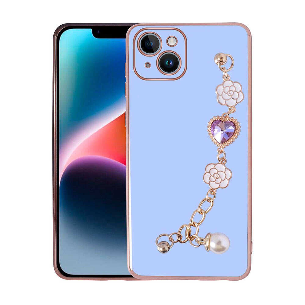 Apple iPhone 15 Kılıf Çiçek Desenli Askılı Tutamaçlı Kamera Korumalı Kapak (TAKA) Mor