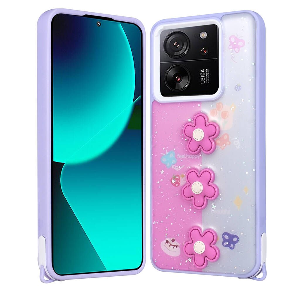 Xiaomi Mi 13T Pro Kılıf Parlayan Sıvılı Simli Kabartma Figürlü Kapak (Cevze) Mor Papatya