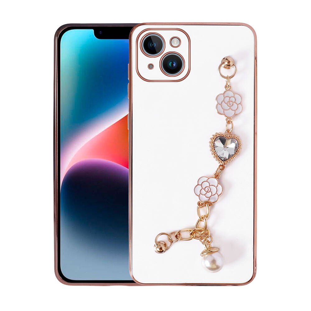 Apple iPhone 15 Kılıf Çiçek Desenli Askılı Tutamaçlı Kamera Korumalı Kapak (TAKA) Beyaz