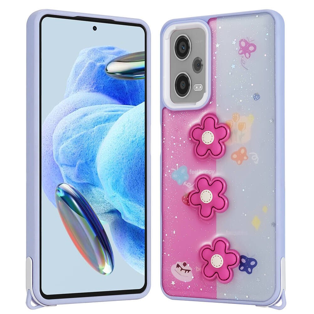 Xiaomi Redmi Note 12 Pro Plus 5G Kılıf Parlayan Sıvılı Simli Kabartma Figürlü Kapak (Cevze) Mor Papatya