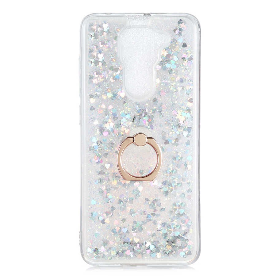 Xiaomi Redmi Note 9 Kılıf Sıvılı Akışkanlı Desenli Simli Yüzüklü Silikon Kapak (MİLCE) Mor