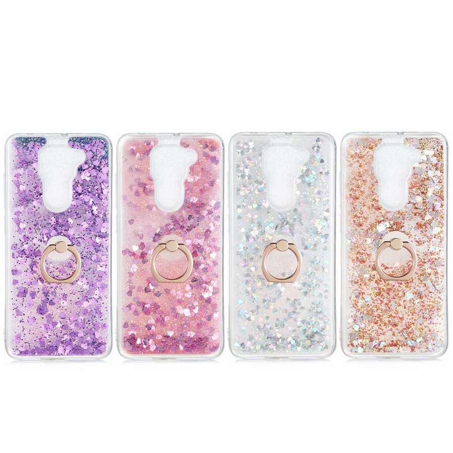 Xiaomi Redmi Note 9 Kılıf Sıvılı Akışkanlı Desenli Simli Yüzüklü Silikon Kapak (MİLCE) Mor