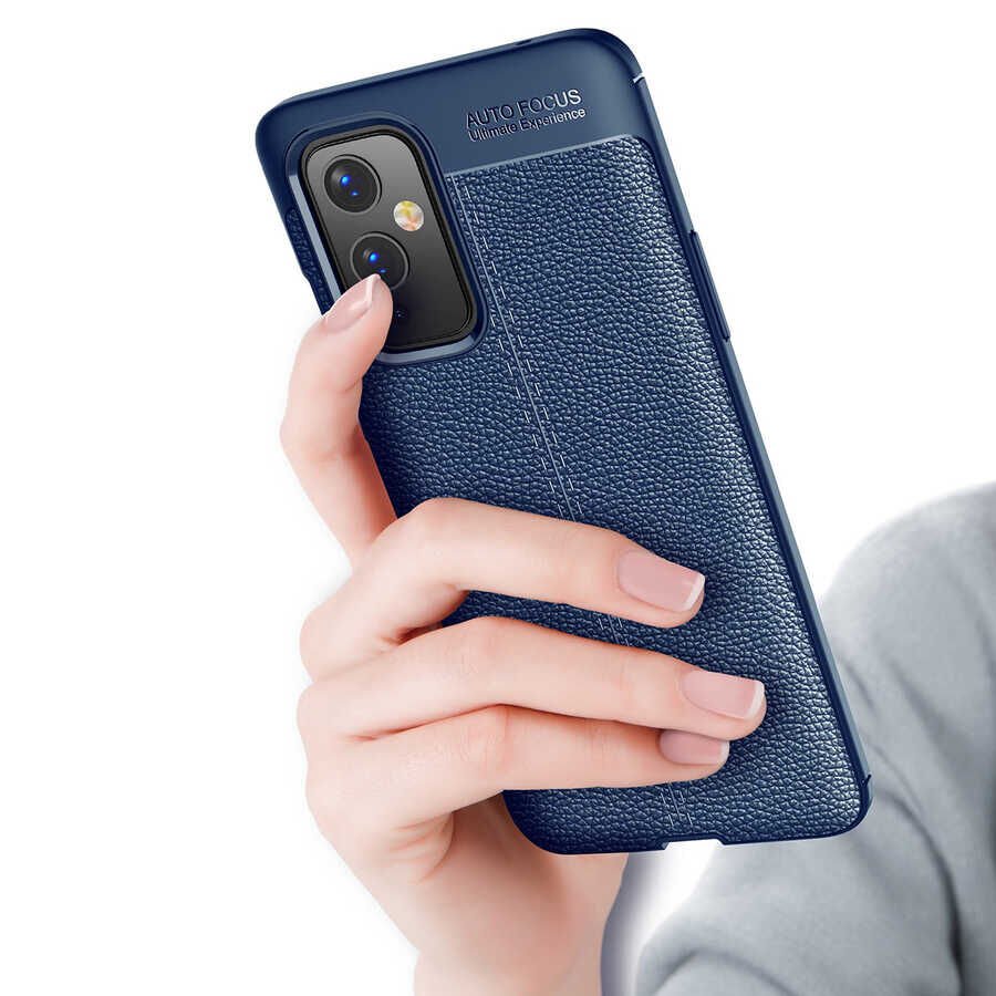 One Plus 9 Kılıf Deri Görünümlü Renk Atmayan Dayanaklı Silikon Kapak (NİSS) Siyah