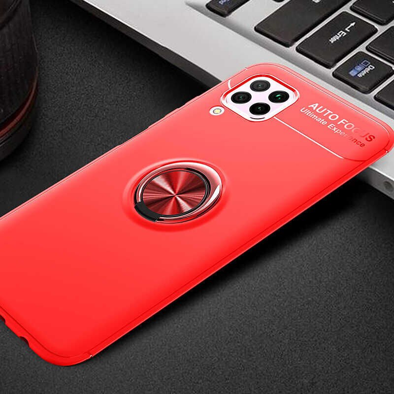 Huawei P40 Lite Kılıf Kamera Çıkıntılı Renkli Yüzüklü Standlı Mıknatıslı Kapak (RAVEL) Siyah