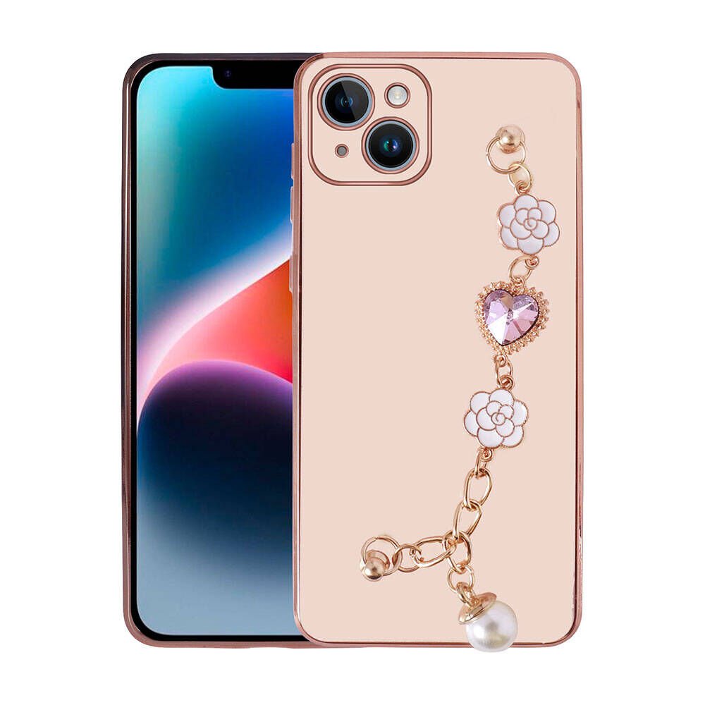 Apple iPhone 15 Plus Kılıf Çiçek Desenli Askılı Tutamaçlı Kamera Korumalı Kapak (TAKA) Pembe