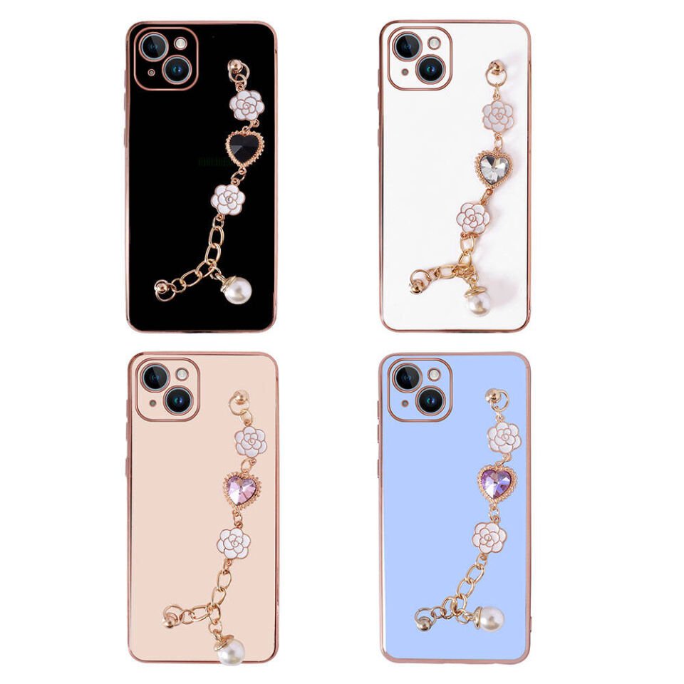 Apple iPhone 15 Plus Kılıf Çiçek Desenli Askılı Tutamaçlı Kamera Korumalı Kapak (TAKA) Pembe