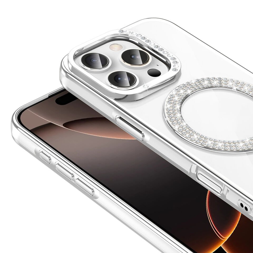 Apple iPhone 16 Pro Kılıf Pırlanta Taş Tasarımlı Magsafe Şarj Özellikli Zore Karetta Silikon Kapak