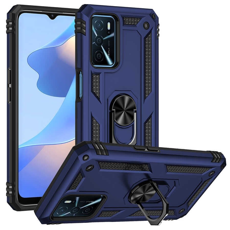 Oppo A16 Kılıf Tank Zırh Yüzüklü Mıknatıslı Standlı Kapak (VEGA) Mavi
