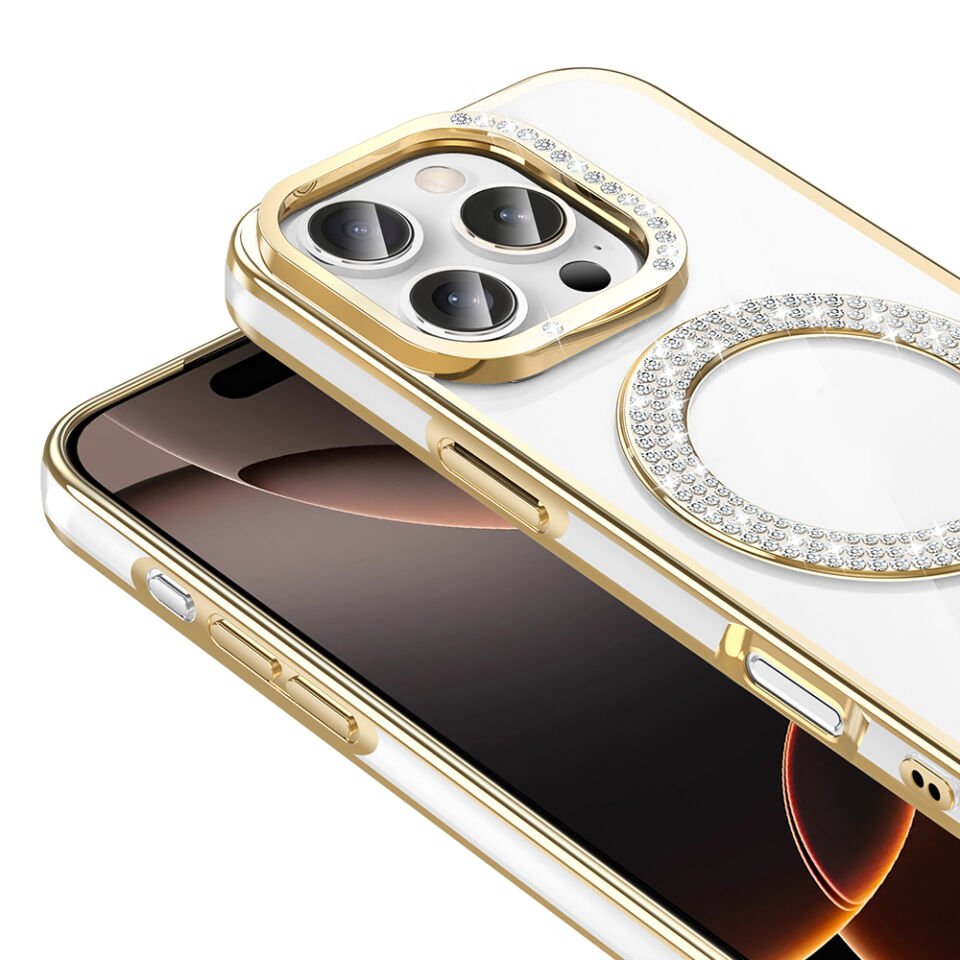 Apple iPhone 16 Pro Max Kılıf Pırlanta Taş Tasarımlı Magsafe Şarj Özellikli Zore Karetta Silikon Kapak
