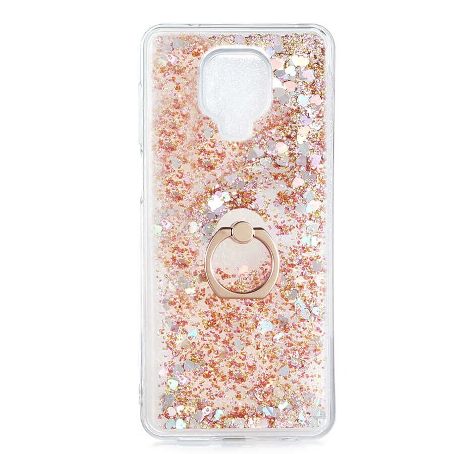 Xiaomi Redmi Note 9S Kılıf Sıvılı Akışkanlı Desenli Simli Yüzüklü Silikon Kapak (MİLCE) Mor