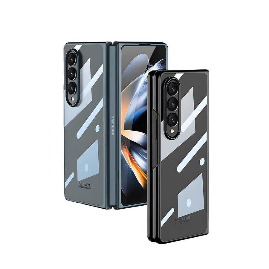 Samsung Galaxy Z Fold 4 Kılıf Kenarları Renkli Darbe Emici Katlanabilir Parlak Sert Şeffaf Kapak Gold