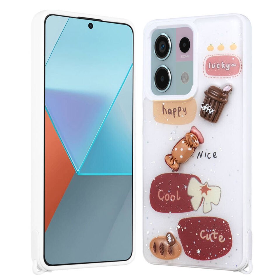 Xiaomi Redmi Note 13 Pro 5G Kılıf Parlayan Sıvılı Simli Kabartma Figürlü Kapak (Cevze) Beyaz