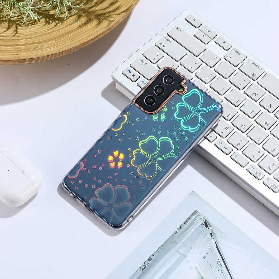 Samsung Galaxy S21 FE Kılıf Renkli Transparan Parlak Desenli Sert Kapak (SİDNEY) Flower No3
