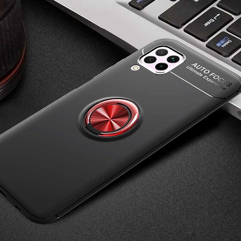 Huawei P40 Lite Kılıf Kamera Çıkıntılı Renkli Yüzüklü Standlı Mıknatıslı Kapak (RAVEL) Siyah-Mavi