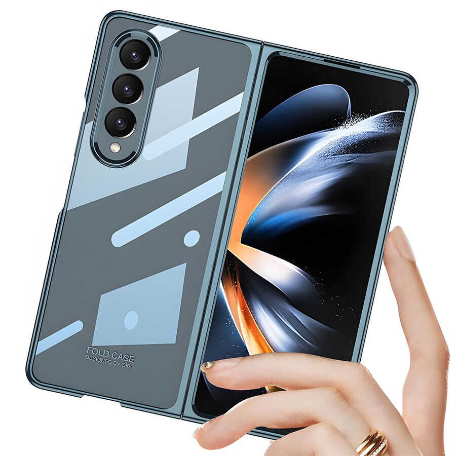 Samsung Galaxy Z Fold 4 Kılıf Kenarları Renkli Darbe Emici Katlanabilir Parlak Sert Şeffaf Kapak Gümüş