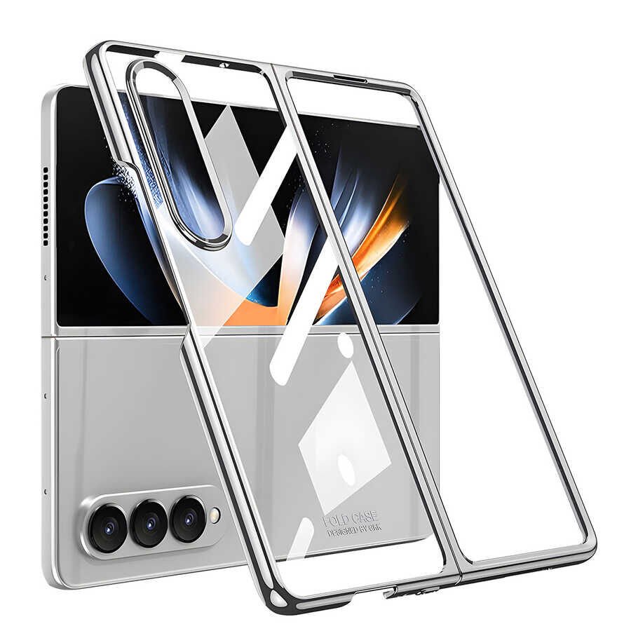 Samsung Galaxy Z Fold 4 Kılıf Kenarları Renkli Darbe Emici Katlanabilir Parlak Sert Şeffaf Kapak Gümüş