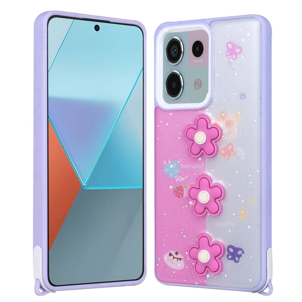 Xiaomi Redmi Note 13 Pro 5G Kılıf Parlayan Sıvılı Simli Kabartma Figürlü Kapak (Cevze) Mor Papatya