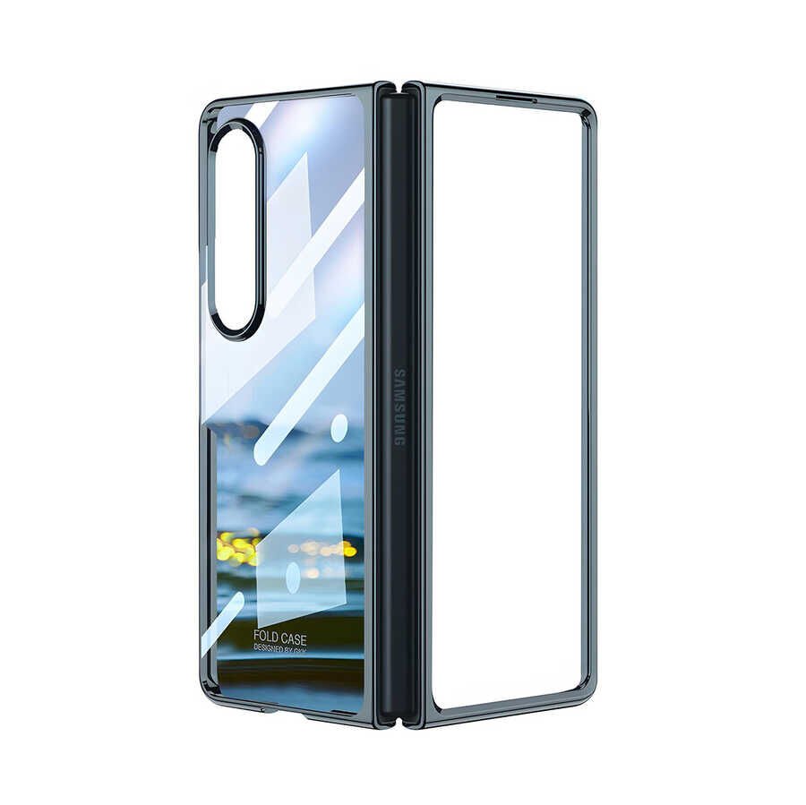 Samsung Galaxy Z Fold 4 Kılıf Kenarları Renkli Darbe Emici Katlanabilir Parlak Sert Şeffaf Kapak Gümüş Yeşili