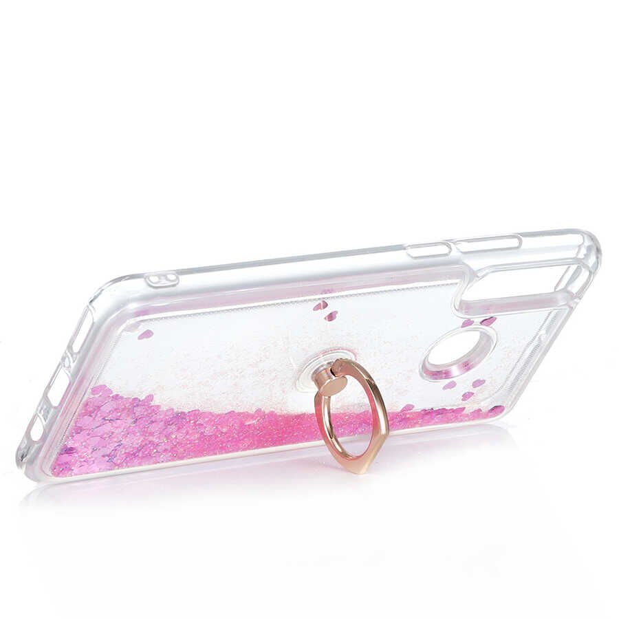 Huawei P30 Lite Kılıf Sıvılı Akışkanlı Desenli Simli Yüzüklü Silikon Kapak (MİLCE) Gümüş