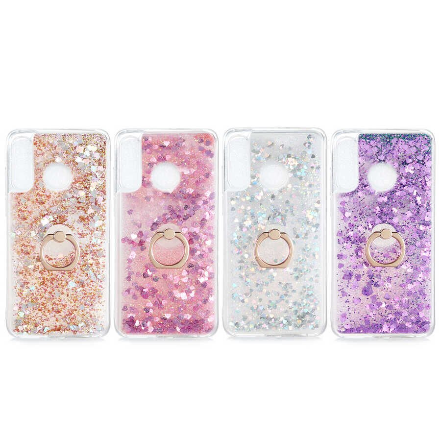 Huawei P30 Lite Kılıf Sıvılı Akışkanlı Desenli Simli Yüzüklü Silikon Kapak (MİLCE) Gümüş