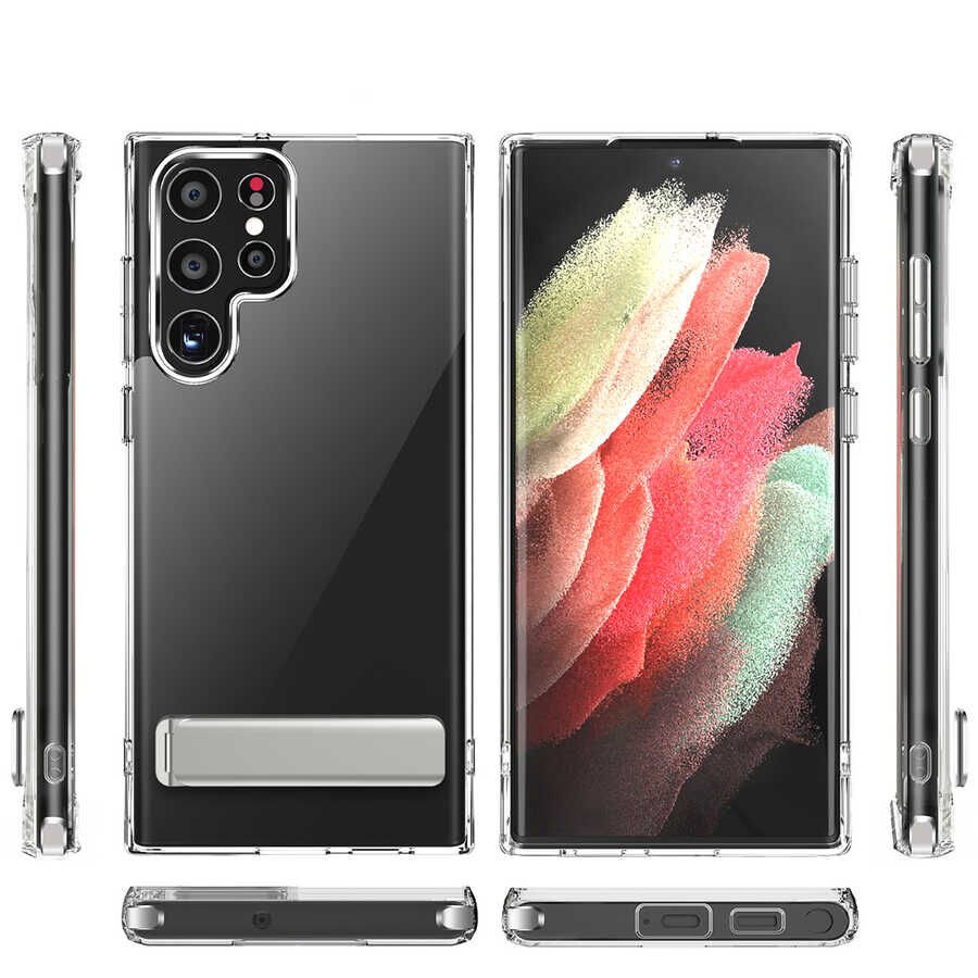 Samsung Galaxy S22 Ultra Kılıf Standlı Şeffaf Silikon HEPTEKİLETİŞİM L-Stand Kapak