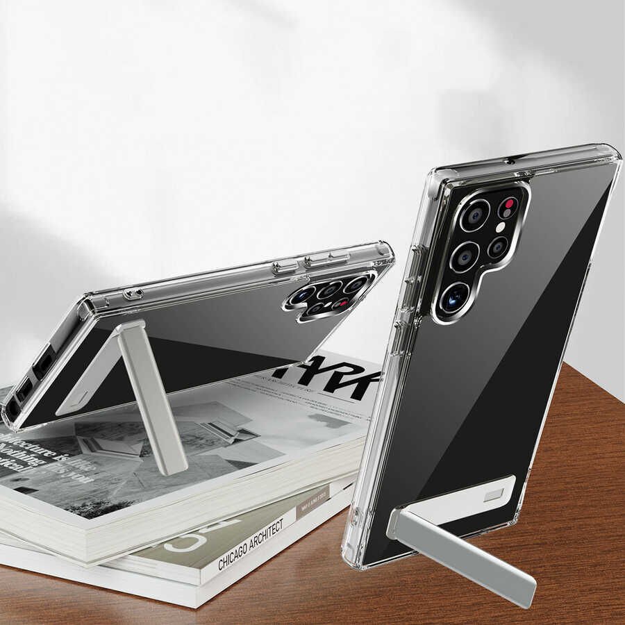 Samsung Galaxy S22 Ultra Kılıf Standlı Şeffaf Silikon HEPTEKİLETİŞİM L-Stand Kapak