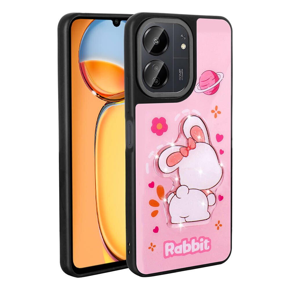 Xiaomi Redmi 13C Kılıf Parlayan Kabartmalı İkonik Figürlü Silikon Kapak (Amas) Pembe