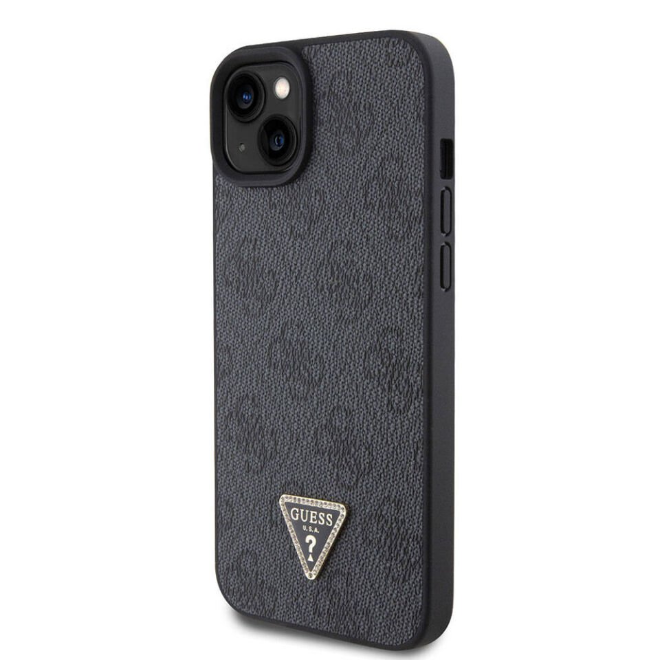 Apple iPhone 15 Plus Kılıf Guess Orjinal Lisanslı PU Deri Askılı Taşlı Üçgen Logo 4G Desenli Strass Crossbody Kapak