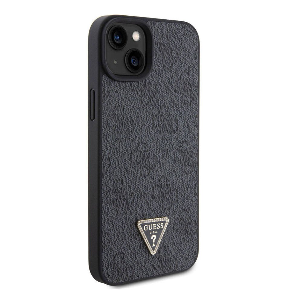 Apple iPhone 15 Plus Kılıf Guess Orjinal Lisanslı PU Deri Askılı Taşlı Üçgen Logo 4G Desenli Strass Crossbody Kapak