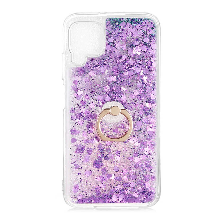 Huawei P40 Lite Kılıf Sıvılı Akışkanlı Desenli Simli Yüzüklü Silikon Kapak (MİLCE) Pembe