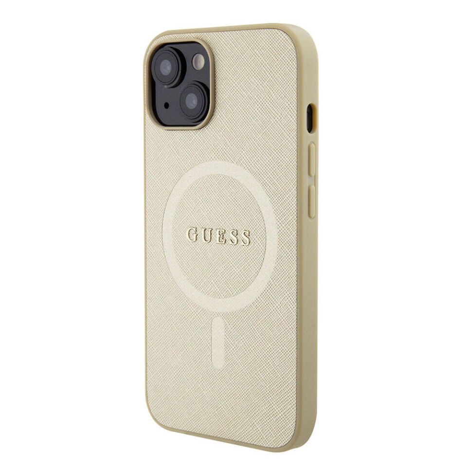 Apple iPhone 15 Kılıf Guess Orjinal Lisanslı Magsafe Şarj Özellikli Yazı Logolu Saffiano Kapak