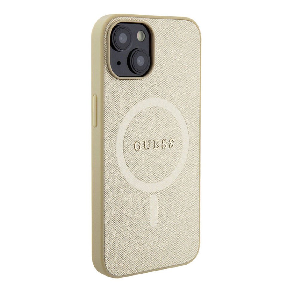 Apple iPhone 15 Kılıf Guess Orjinal Lisanslı Magsafe Şarj Özellikli Yazı Logolu Saffiano Kapak