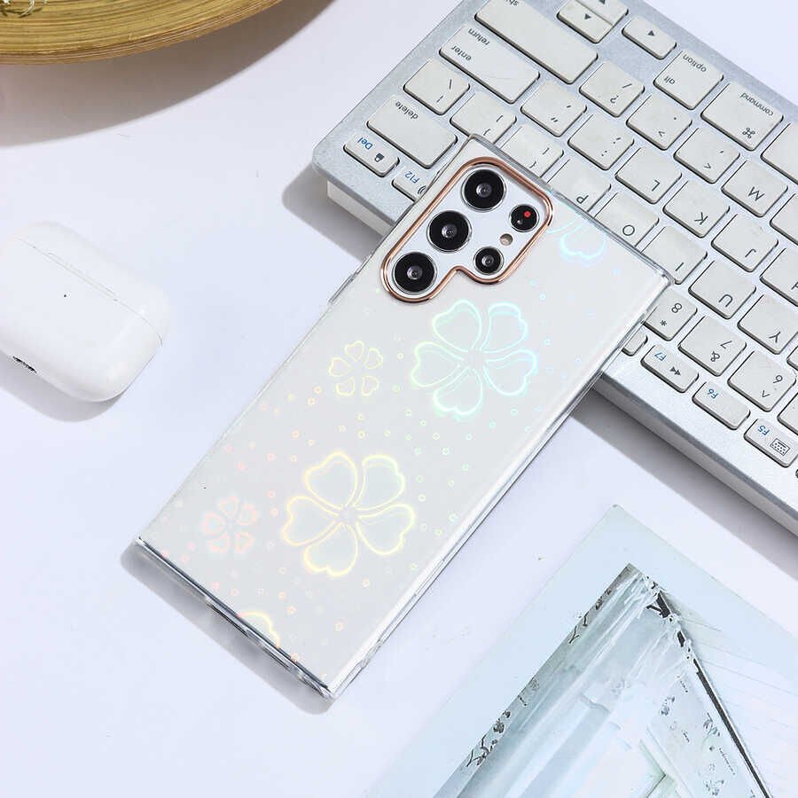 Samsung Galaxy S22 Ultra Kılıf Renkli Transparan Parlak Desenli Sert Kapak (SİDNEY) Flower No3