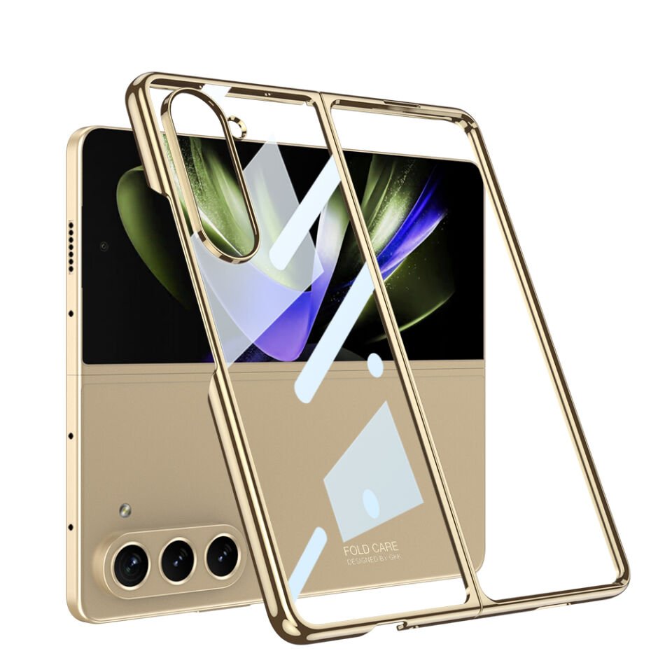 Samsung Galaxy Z Fold 5 Kılıf Kenarları Renkli Darbe Emici Katlanabilir Parlak Sert Şeffaf Kapak Gold