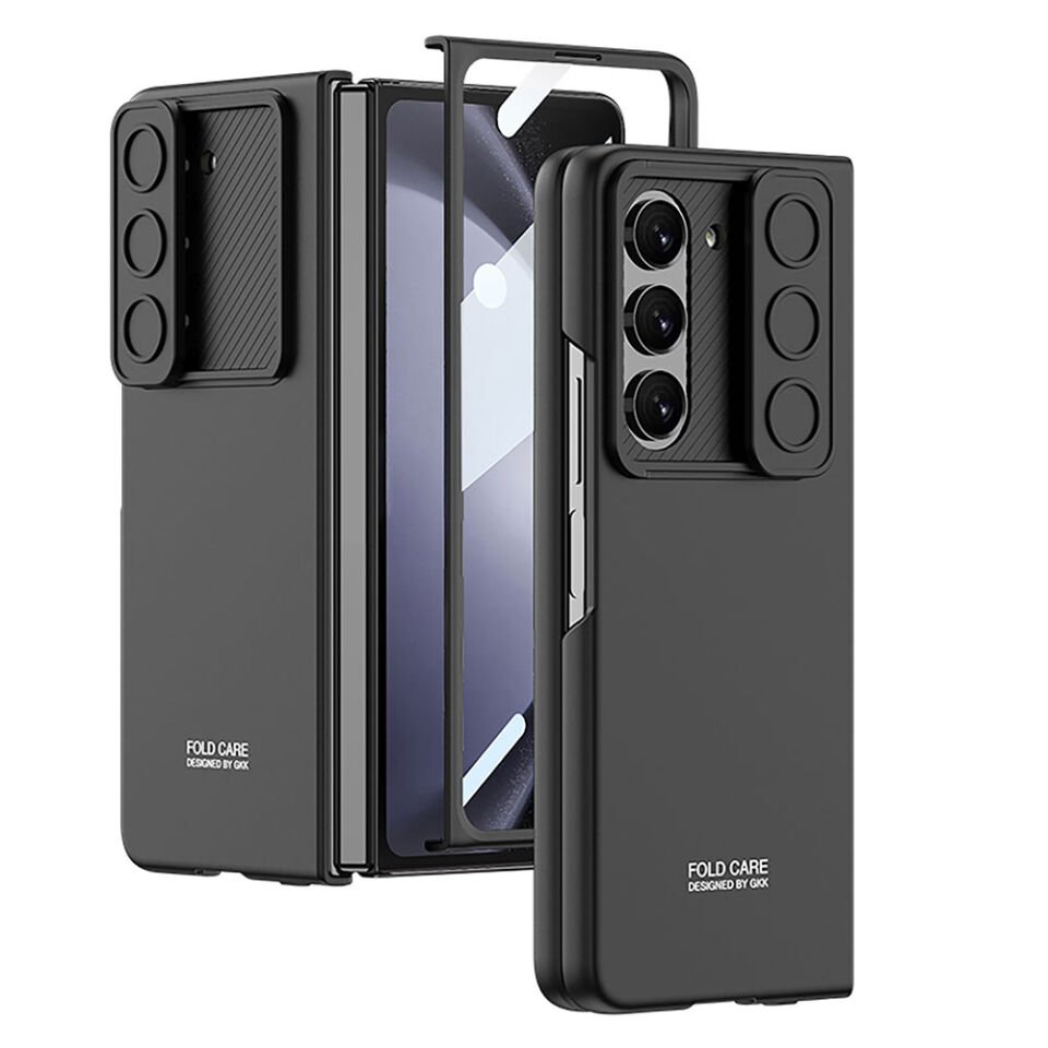 Galaxy Z Fold 5 Kılıf Sürgülü Kamera Lens Koruyuculu 360 Tam Korumalı Kıpta Kapak Siyah