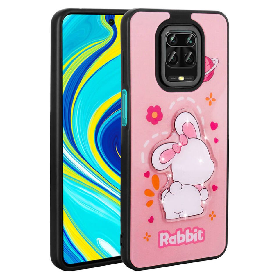 Xiaomi Redmi Note 9 Pro Kılıf Parlayan Kabartmalı İkonik Figürlü Silikon Kapak (Amas) Pembe