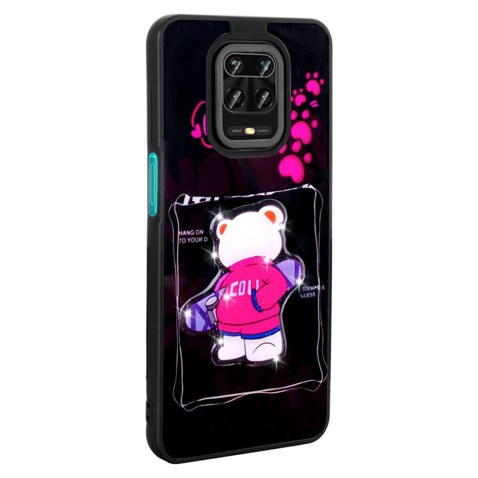Xiaomi Redmi Note 9 Pro Kılıf Parlayan Kabartmalı İkonik Figürlü Silikon Kapak (Amas) Pembe