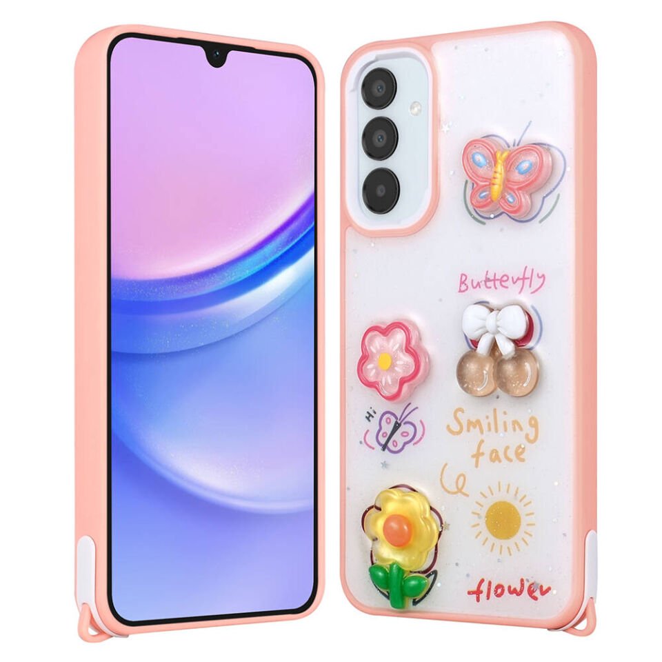 Samsung Galaxy A05S Kılıf Parlayan Sıvılı Simli Kabartma Figürlü Kapak (Cevze) Pembe