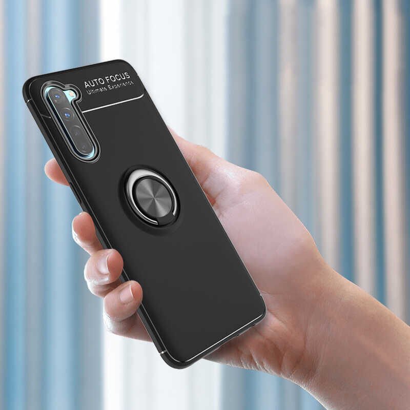 Oppo A91 Kılıf Kamera Çıkıntılı Renkli Yüzüklü Standlı Mıknatıslı Kapak (RAVEL) Siyah-Kırmızı