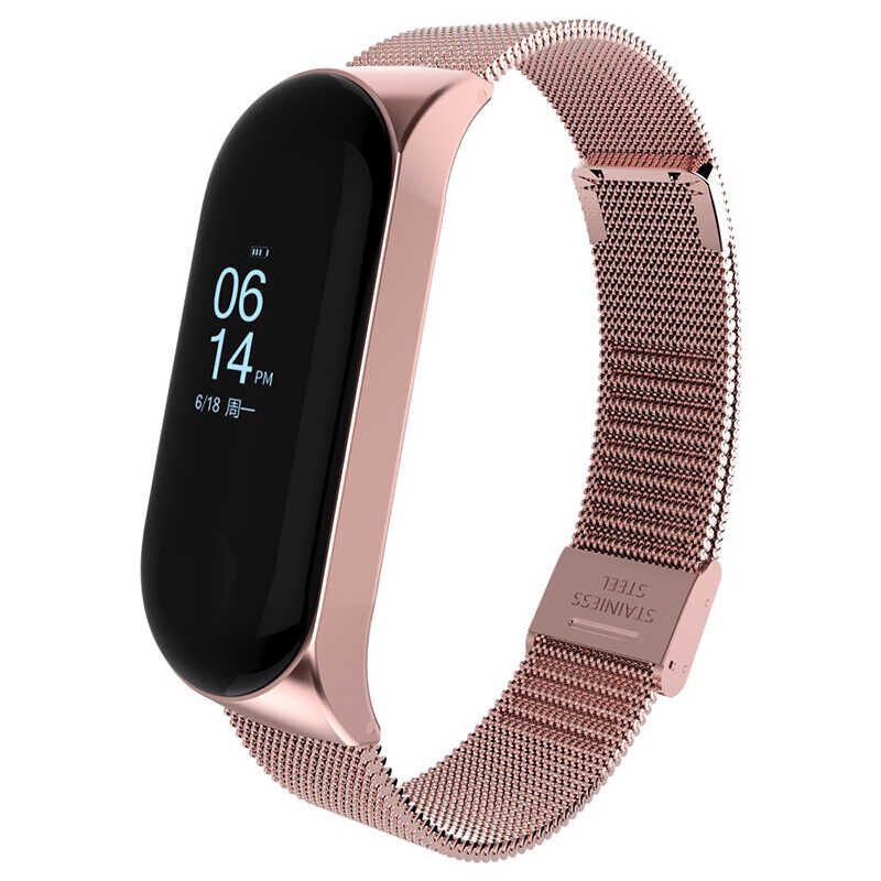 Xiaomi Mi Band 5 Ve Mi Band 6 Metal Kordon Tel Örgü Desenli Tasarım (KRD-06) Rose Gold