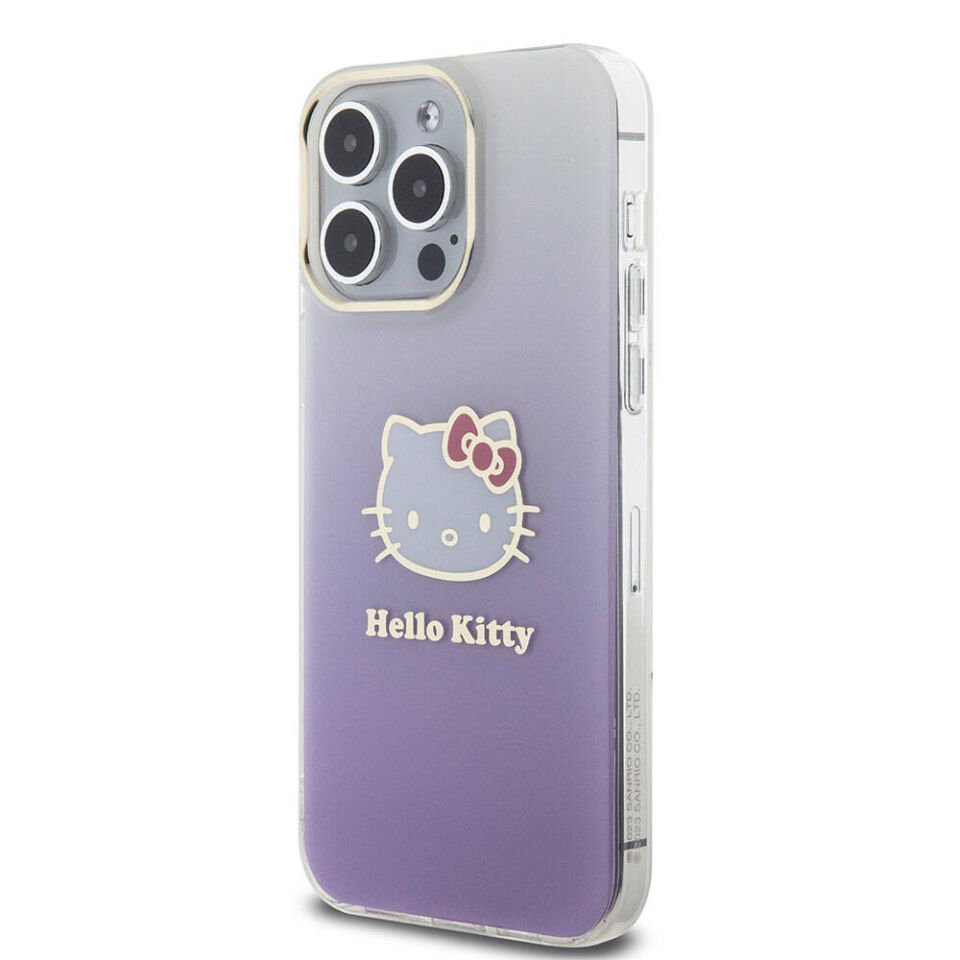 Apple iPhone 15 Pro Max Kılıf Hello Kitty Orjinal Lisanslı Yazı ve İkonik Logolu Elektroplating Kaplama Gradyan Kapak
