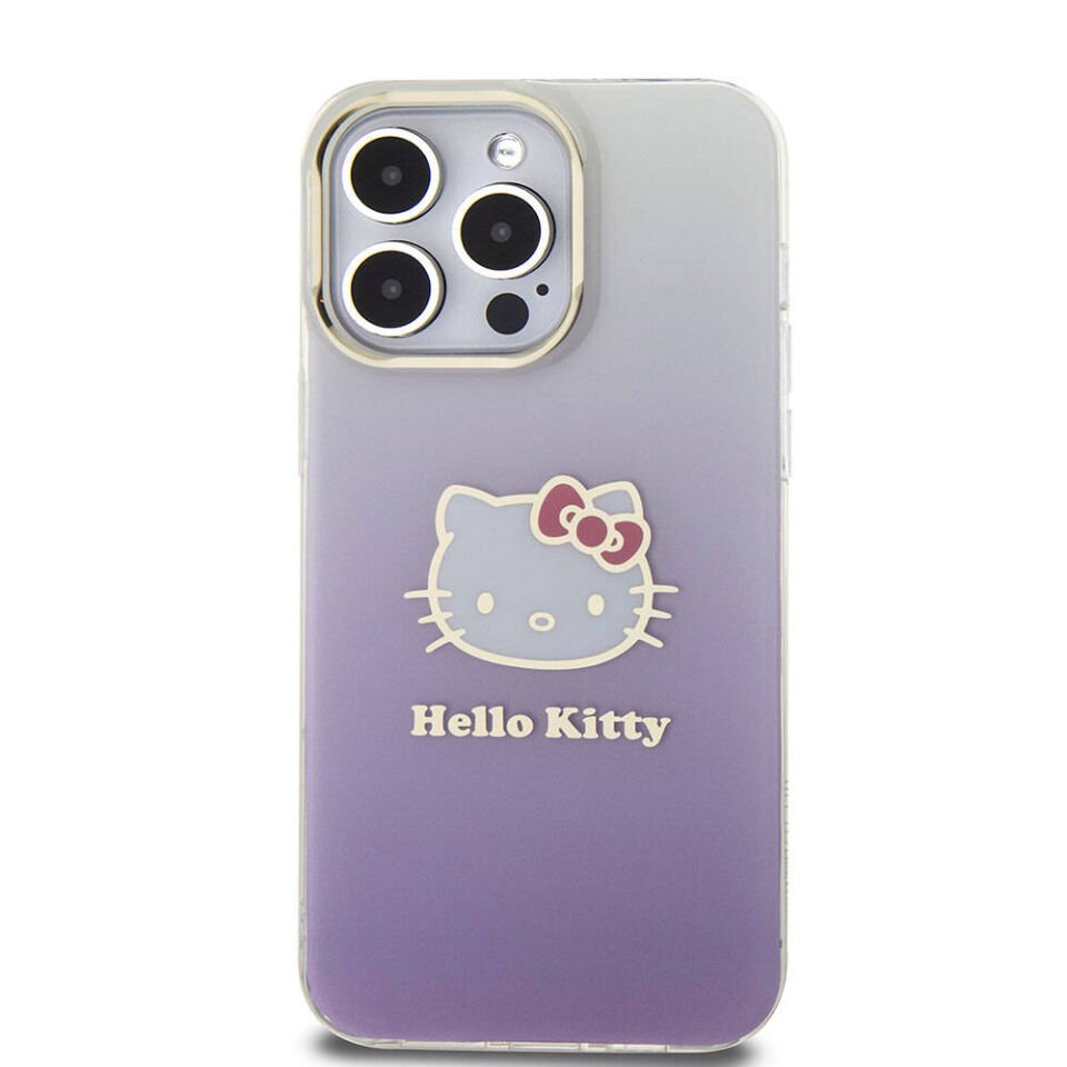 Apple iPhone 15 Pro Max Kılıf Hello Kitty Orjinal Lisanslı Yazı ve İkonik Logolu Elektroplating Kaplama Gradyan Kapak