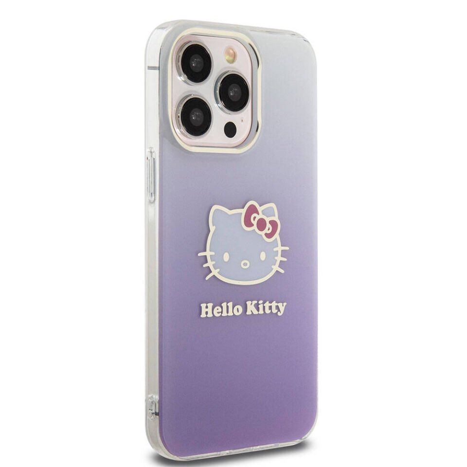 Apple iPhone 15 Pro Max Kılıf Hello Kitty Orjinal Lisanslı Yazı ve İkonik Logolu Elektroplating Kaplama Gradyan Kapak